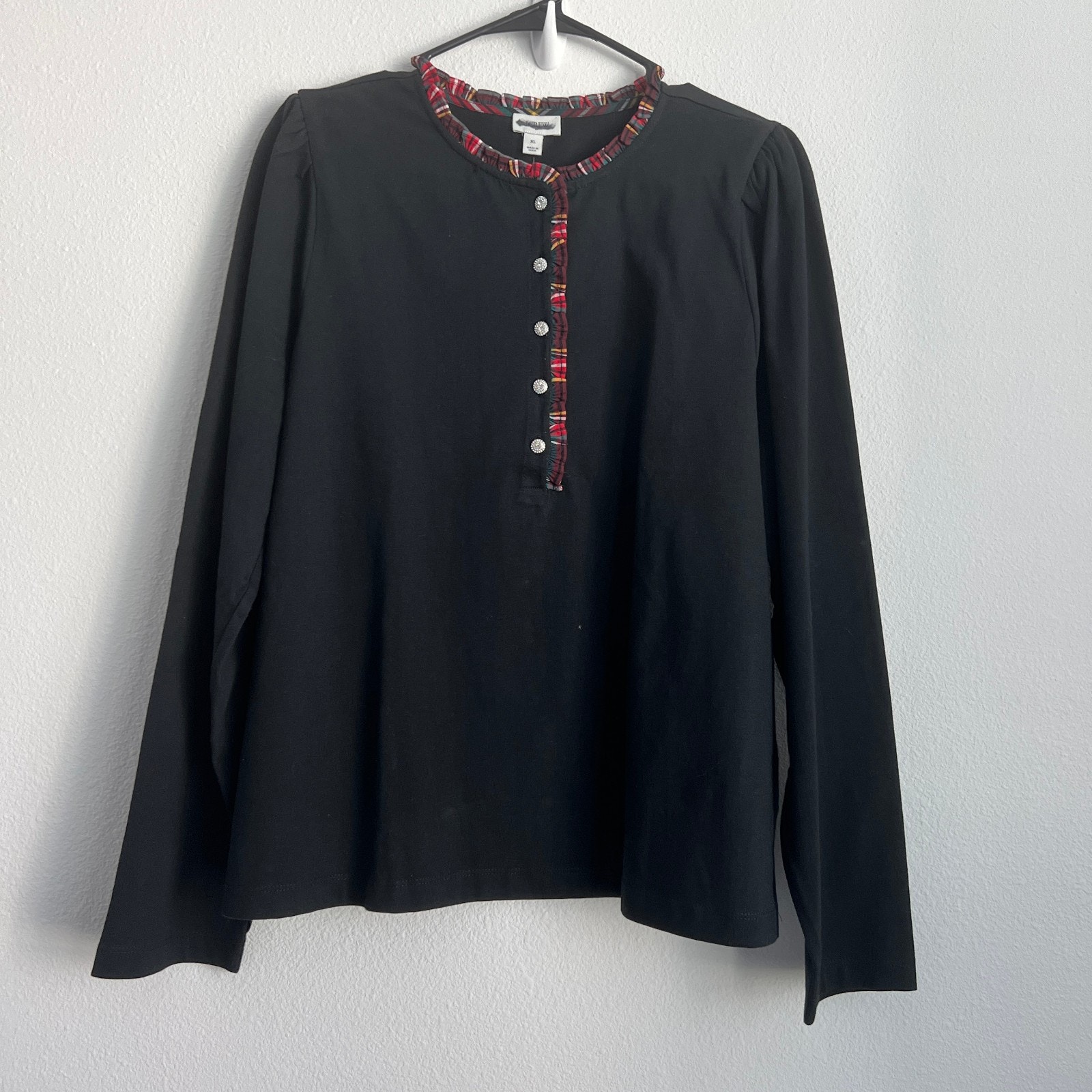 J Crew Factory Long Sleeve Tartan And Jewels Henley Shirt Womens Xl Black